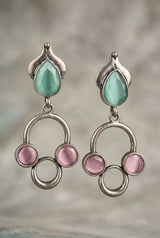 Silver-Tone Stone Drop Earrings with Circular Cluster Design for Women - Mint Green, Mint Green & Onion pink, Onion pink