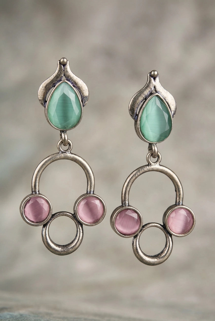 Silver-Tone Stone Drop Earrings with Circular Cluster Design for Women - Mint Green, Mint Green & Onion pink, Onion pink