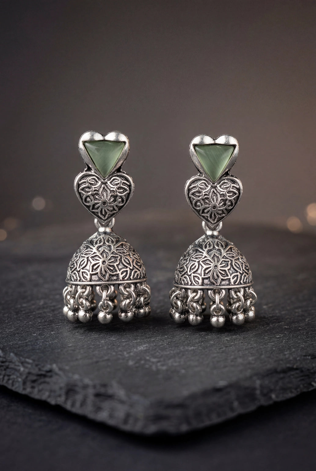 Heart Top Oxidized Silver-Tone Jhumka Earrings with Triangular Stone Accent and Ghungroo Drops - Mint Green, Green
