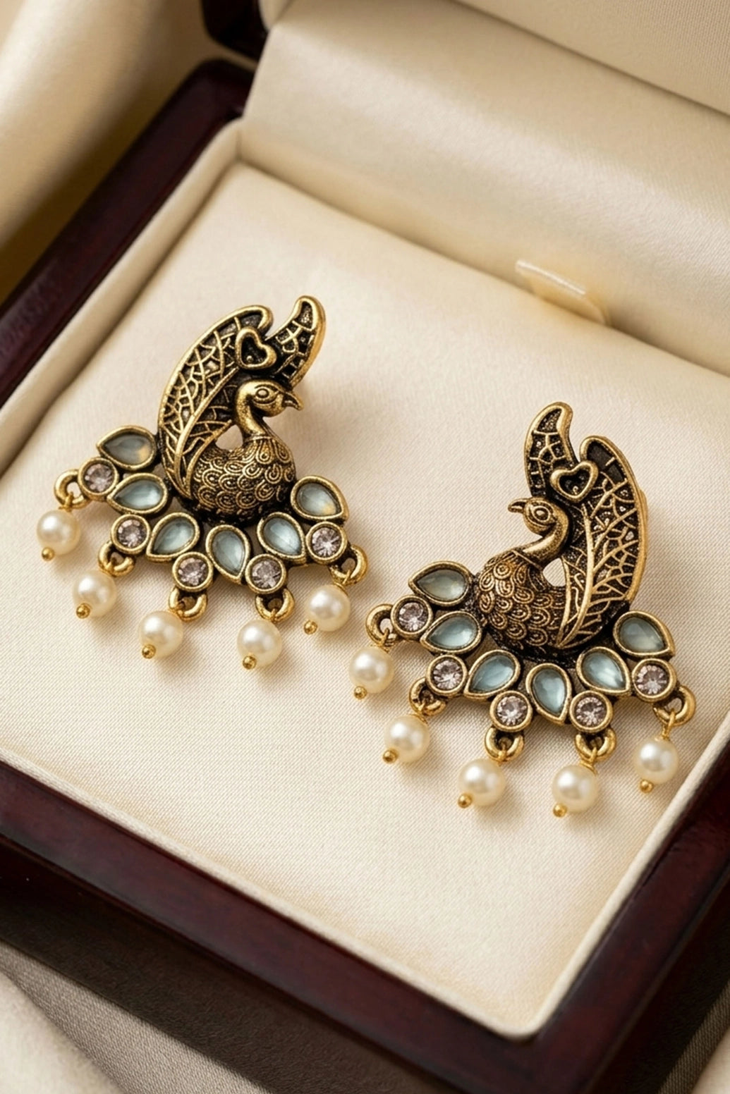 Peacock Motif Traditional Statement Earrings with Teardrop Stones and Pearl Drops - Mint Green