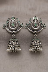 Oxidized Silver Traditional Jhumka Earrings with Crescent Top, Teardrop Stones & Pearl Tassels - Mint Green