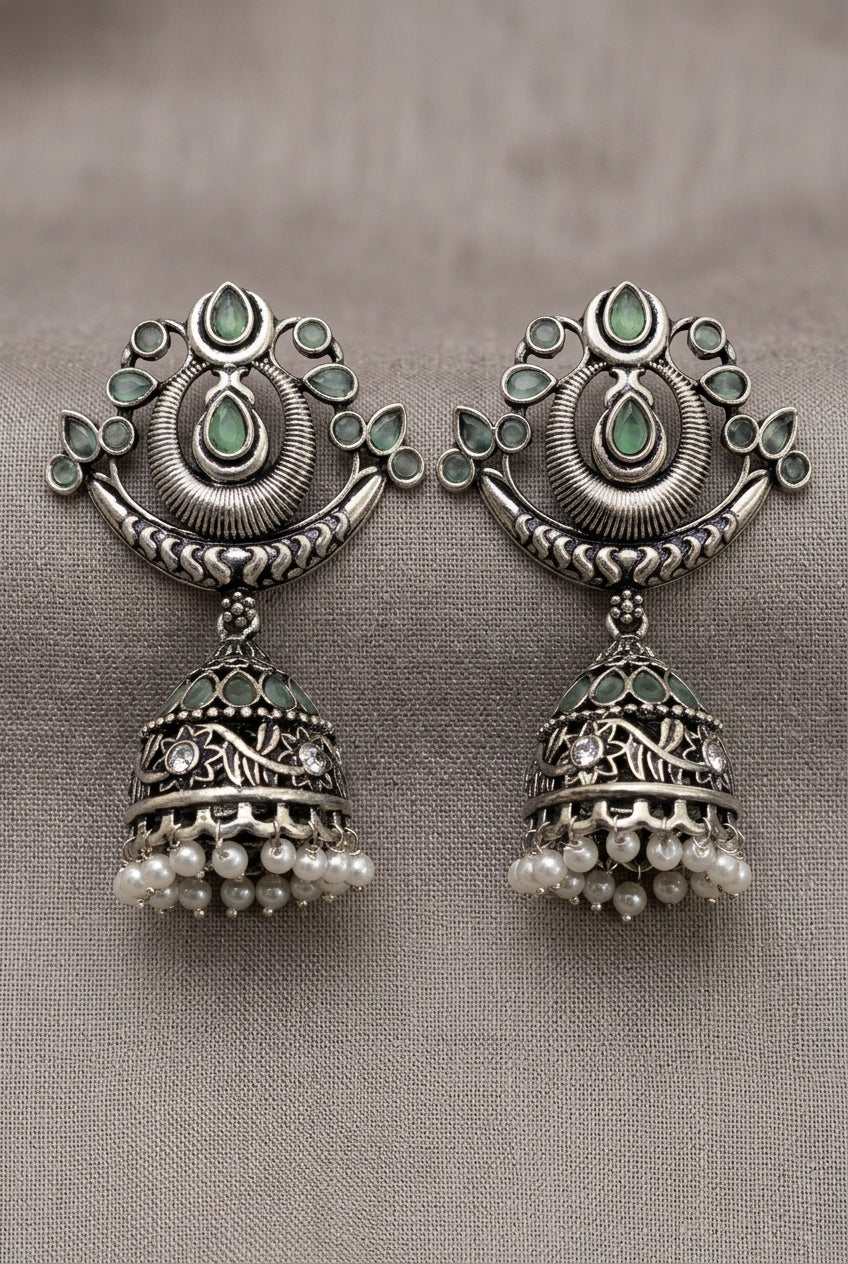 Oxidized Silver Traditional Jhumka Earrings with Crescent Top, Teardrop Stones & Pearl Tassels - Mint Green