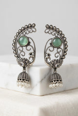 Antique Oxidized Silver Peacock Jhumka Drop Earrings with Pearl Beads (Navy Blue, Purple, Mint Green) - Mint Green