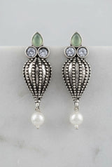 Antique Oxidized Silver Teardrop Jhumka Earrings with Pearls & Crystal Stones (1 Pair) - Green, Mint Green