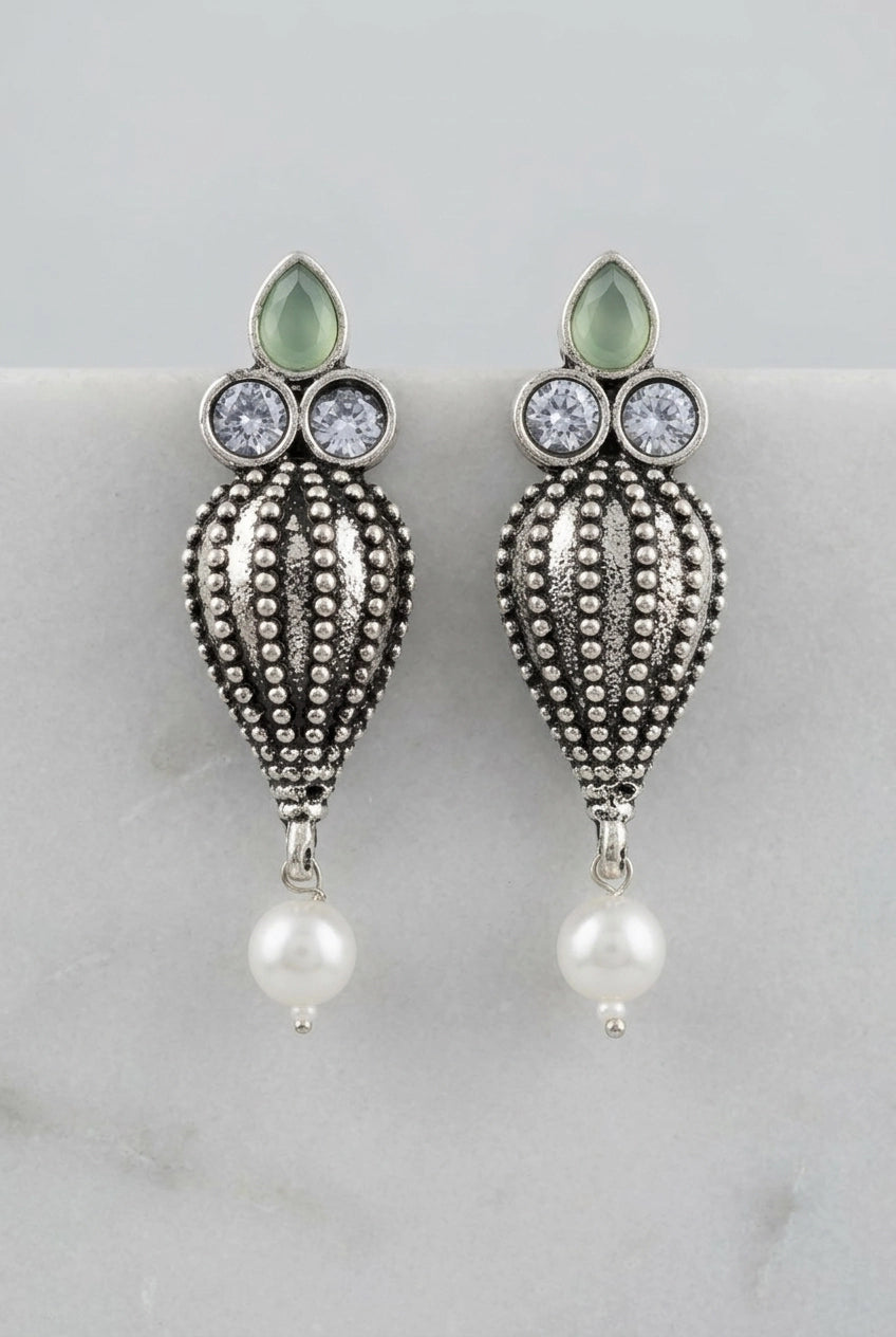 Antique Oxidized Silver Teardrop Jhumka Earrings with Pearls & Crystal Stones (1 Pair) - Green, Mint Green