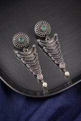 Oxidized Silver-Tone Statement Earrings with Pearl Drop and Teardrop Stones for Traditional Wear - Multi color
