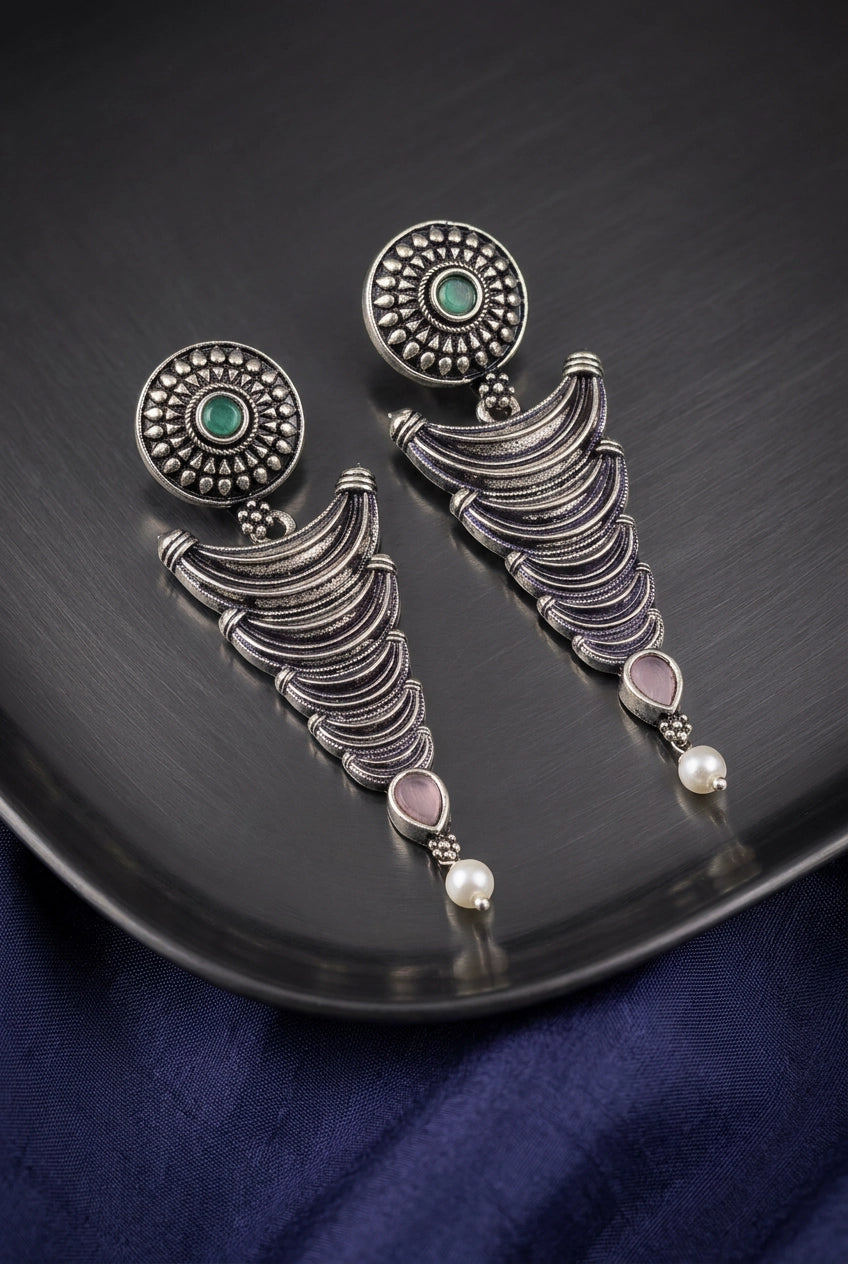 Oxidized Silver-Tone Statement Earrings with Pearl Drop and Teardrop Stones for Traditional Wear - Multi color