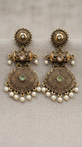 Antique Gold-Tone Circular Stud & Pearl Drop Statement Earrings for Festive Ethnic Wear - Multi color