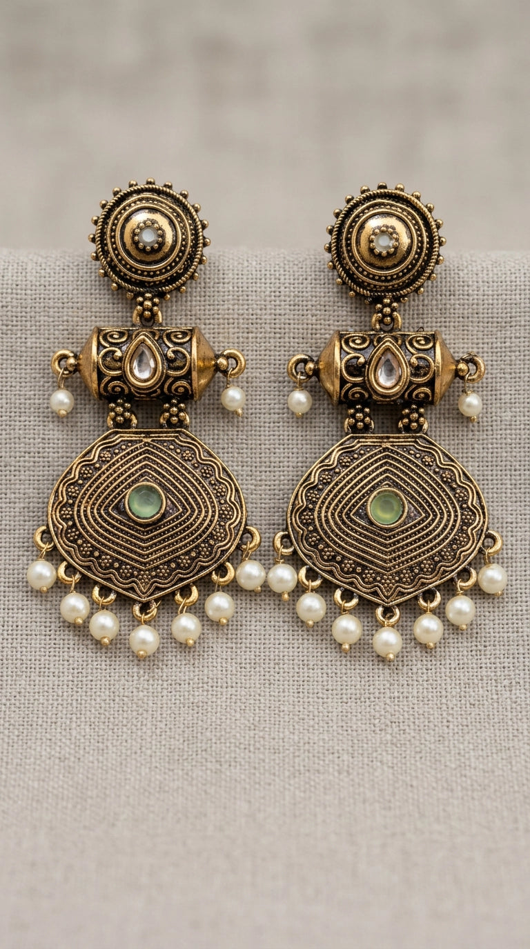 Antique Gold-Tone Circular Stud & Pearl Drop Statement Earrings for Festive Ethnic Wear - Multi color