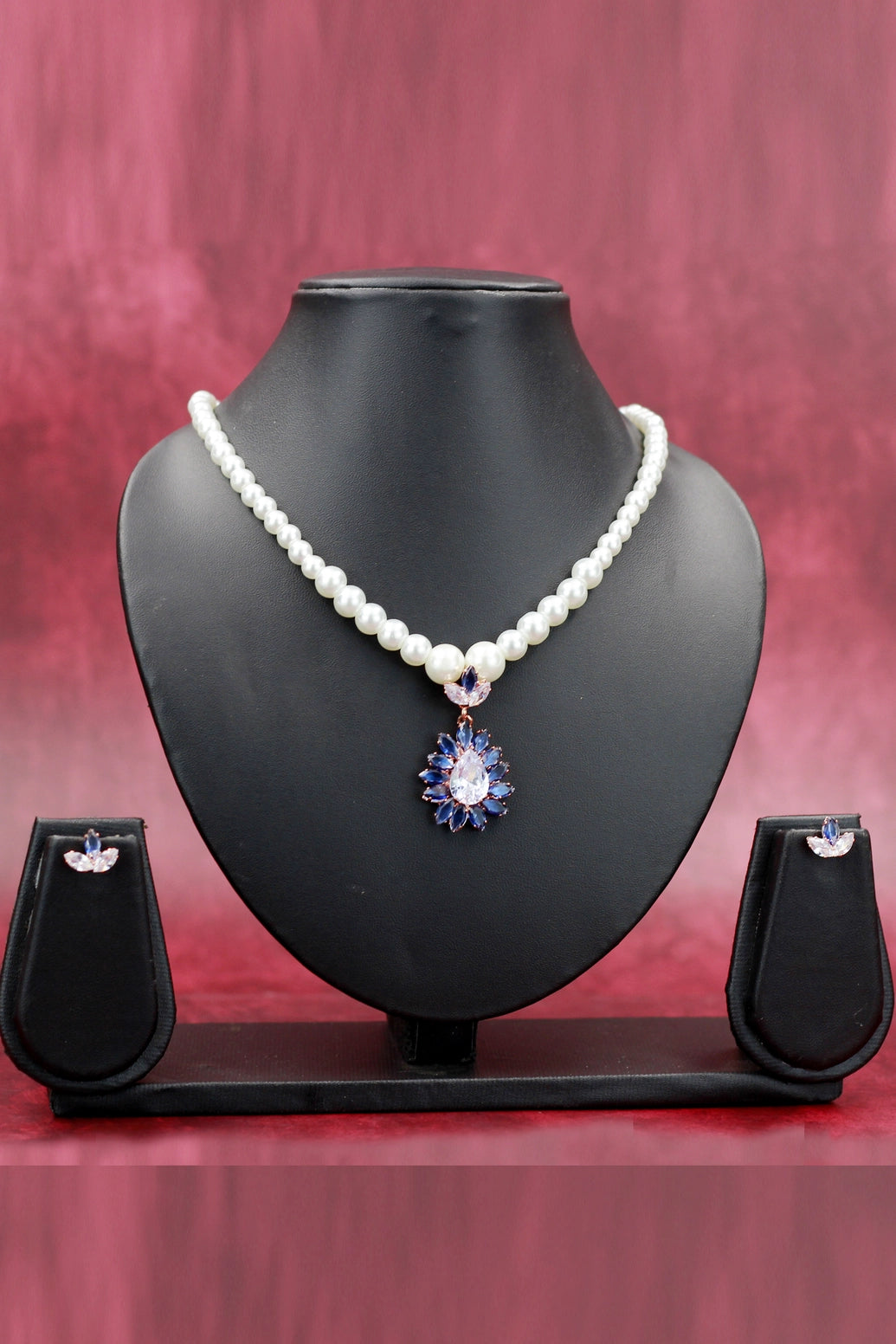 Pearl Necklace Set with Floral Teardrop Pendant and Matching Earrings - Baby Pink, Yellow, Navy Blue, Sky Blue, Green, Red - Navy Blue