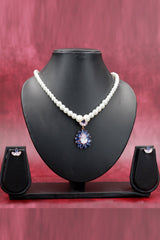 Pearl Necklace Set with Floral Teardrop Pendant and Matching Earrings - Baby Pink, Yellow, Navy Blue, Sky Blue, Green, Red - Navy Blue