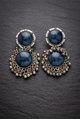 Antique Silver-Tone Drop Earrings with Round Stone Cabochons & Beaded Dangles - Navy Blue