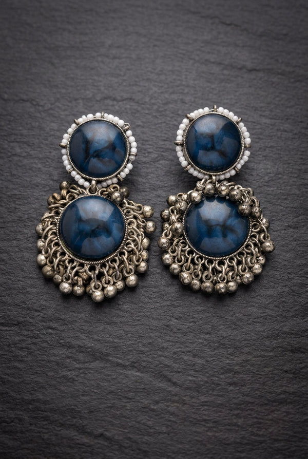 Antique Silver-Tone Drop Earrings with Round Stone Cabochons & Beaded Dangles - Navy Blue
