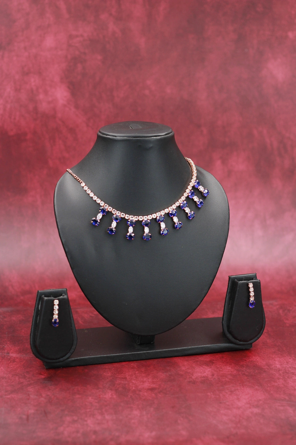 Oval Stone Statement Necklace Set with Matching Earrings for Women - Fashion Jewellery - Navy Blue
