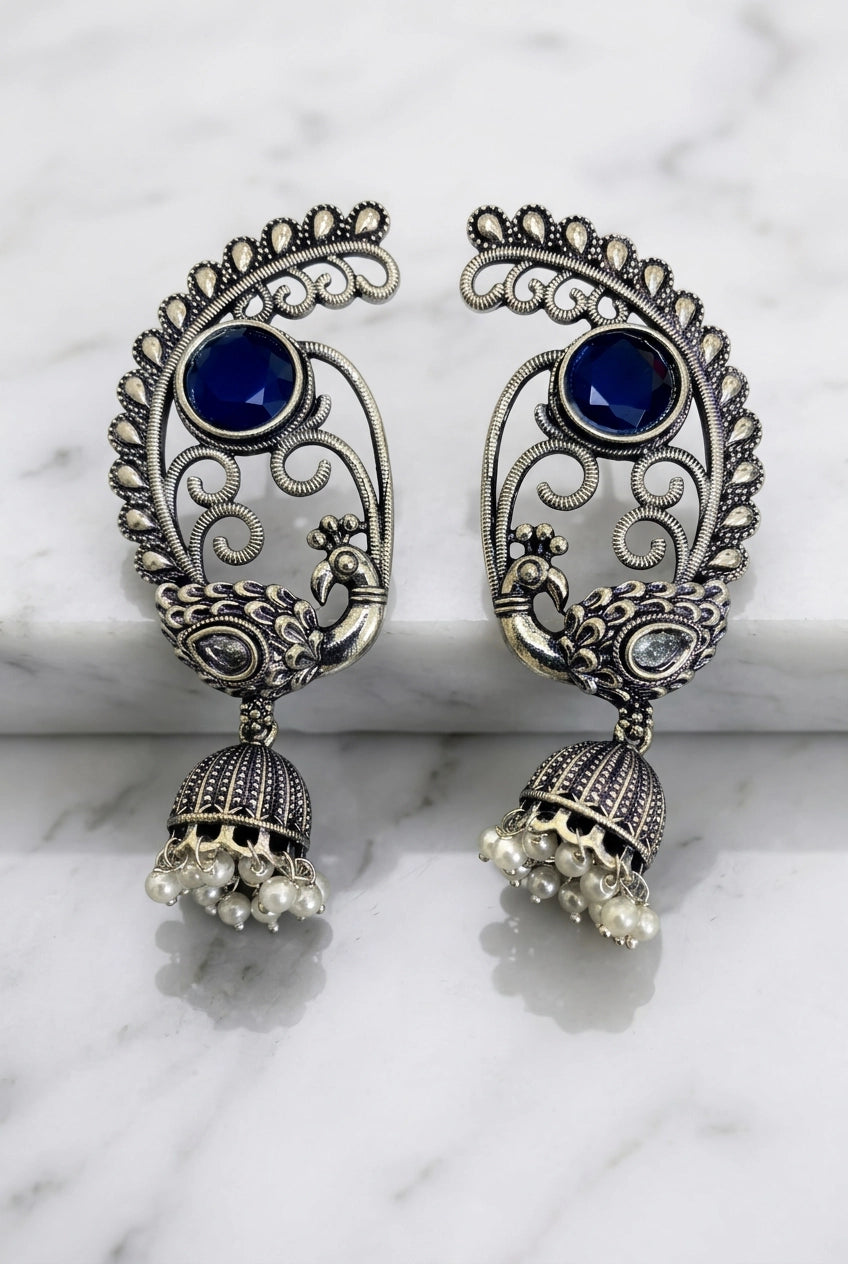 Antique Oxidized Silver Peacock Jhumka Drop Earrings with Pearl Beads (Navy Blue, Purple, Mint Green) - Navy Blue
