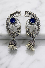 Antique Oxidized Silver Peacock Jhumka Drop Earrings with Pearl Beads (Navy Blue, Purple, Mint Green) - Navy Blue