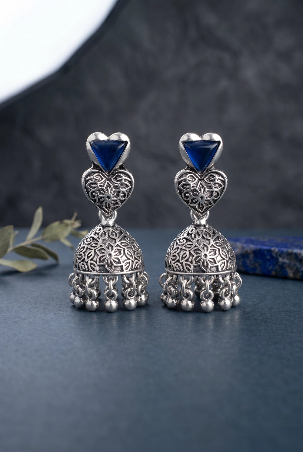 Heart Top Oxidized Silver-Tone Jhumka Earrings with Triangular Stone Accent and Ghungroo Drops - Navy Blue