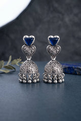 Heart Top Oxidized Silver-Tone Jhumka Earrings with Triangular Stone Accent and Ghungroo Drops - Navy Blue