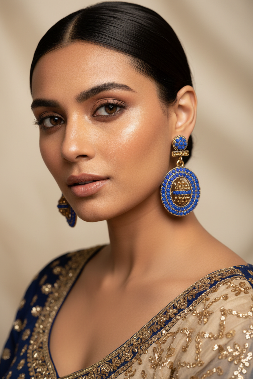 Gold-Tone Circular Stone Drop Earrings with Beads
