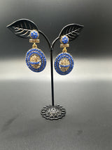 Gold-Tone Circular Stone Drop Earrings with Beads Jewelry JCS Fashions Navy Blue 2 inch