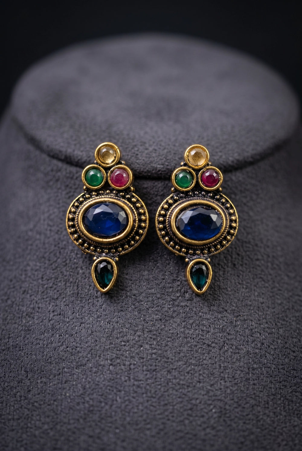 Navy Blue Antique Finish Stud Earrings with Oval Center Stone & Gold-Tone Beaded Details for Ethnic Wear - Navy Blue, Navy Blue & Multi color