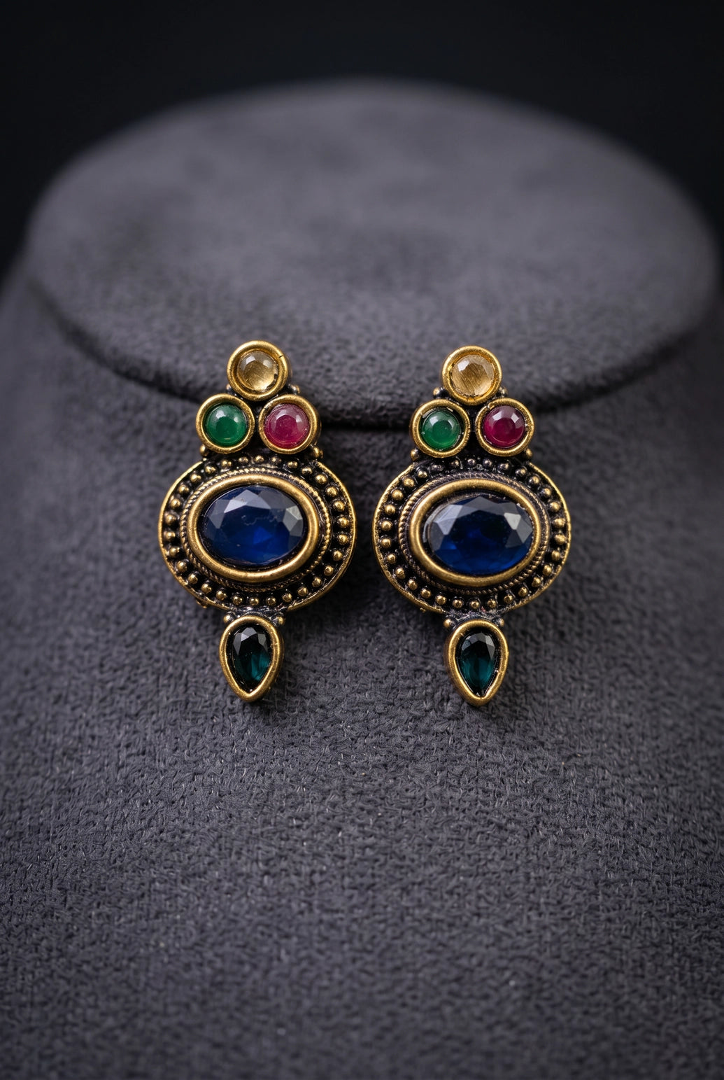 Navy Blue Antique Finish Stud Earrings with Oval Center Stone & Gold-Tone Beaded Details for Ethnic Wear - Navy Blue, Navy Blue & Multi color