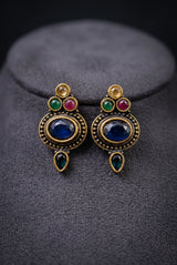Navy Blue Antique Finish Stud Earrings with Oval Center Stone & Gold-Tone Beaded Details for Ethnic Wear - Navy Blue, Navy Blue & Multi color