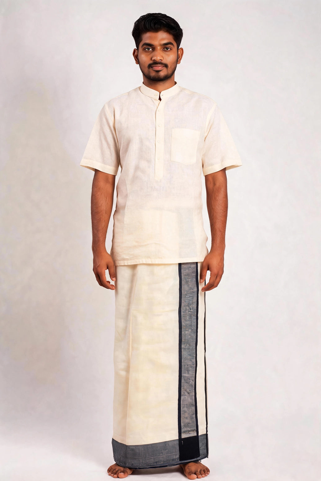 Men’s Traditional Off-White Cotton Dhoti with 1.5 Inch Thread Border for Wedding, Temple & Festival Wear - Navy Blue (Solid)