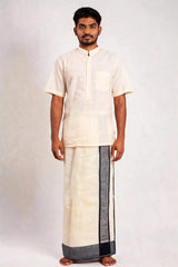 Men’s Traditional Off-White Cotton Dhoti with 1.5 Inch Thread Border for Wedding, Temple & Festival Wear - Navy Blue (Solid)