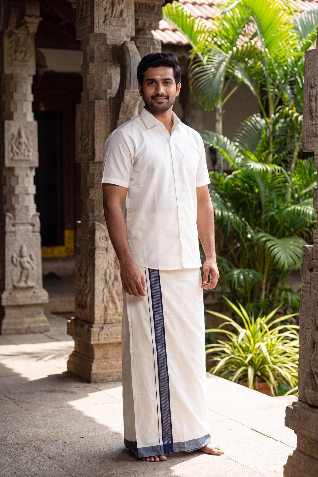 Men’s Traditional Off-White Cotton Dhoti with 1.5 Inch Thread Border for Wedding, Temple & Festival Wear - Navy Blue (Vertical Lines)