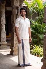 Men’s Traditional Off-White Cotton Dhoti with 1.5 Inch Thread Border for Wedding, Temple & Festival Wear - Navy Blue (Vertical Lines)
