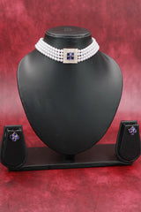 Pearl Choker Necklace Set with Stone-Embellished Pendant and Matching Stud Earrings - Navy Blue
