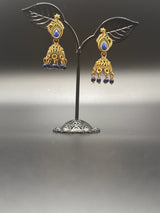 Antique Leaf-Design Jhumka Earrings for Women — Gold-Tone Traditional Jhumkas with Colour Bead Drops Jewelry JCS Fashions Navy Blue 1.5 inch