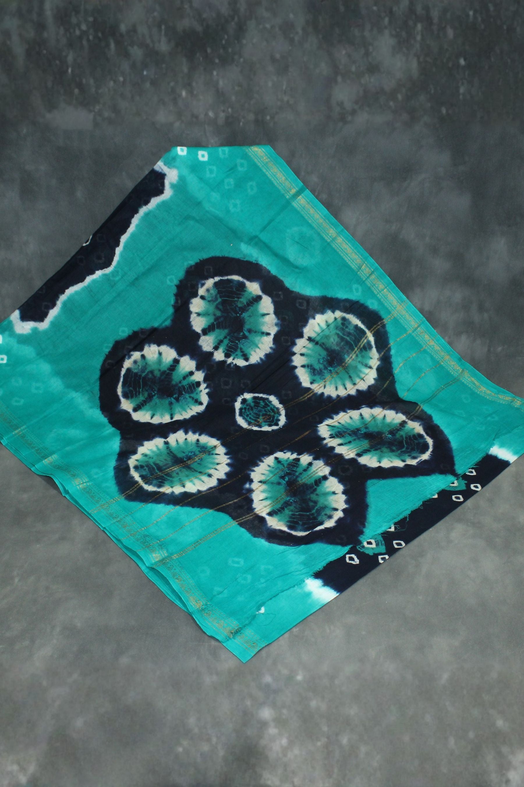 Bandhani Sungudi Cotton Saree with Golden Zari Border-Navy Blue & Teal Saree JCS Fashions