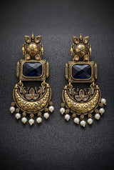 Traditional Antique Gold-Tone Statement Earrings with Pearl Drops and Coloured Stones - Navy blue