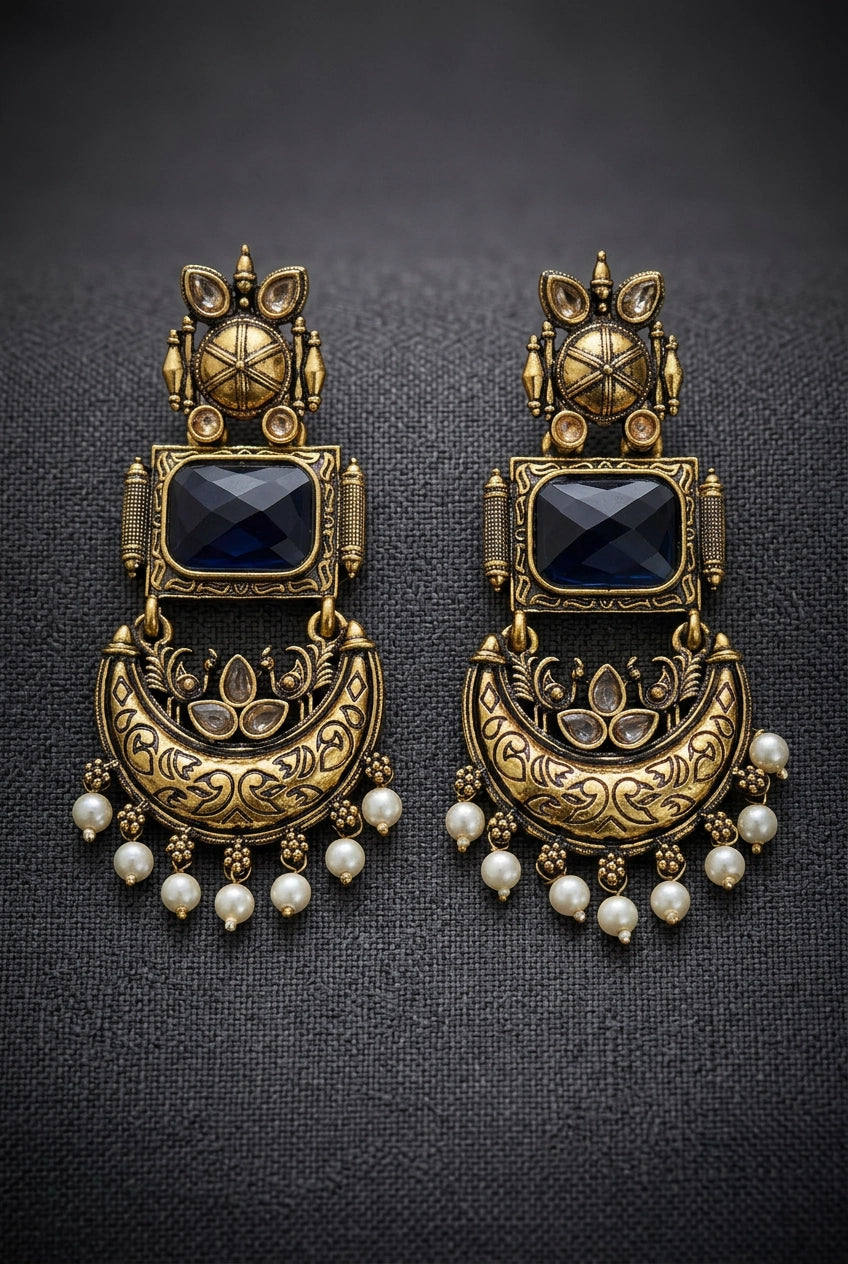 Traditional Antique Gold-Tone Statement Earrings with Pearl Drops and Coloured Stones - Navy blue
