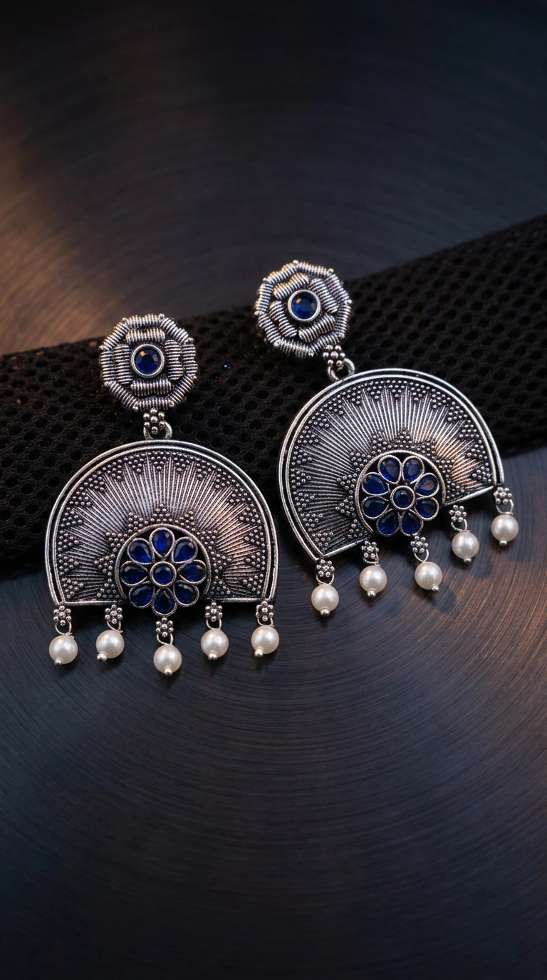 Oxidized Silver Floral Pendant Earring Set with Pearl Drops and Sunburst Motif - Navy blue