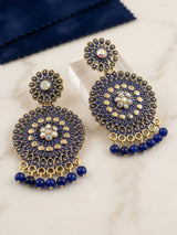 Antique Gold-Tone Ethnic Round Drop Earrings with Floral Stud & Bead Danglers (Multicolor Stone) - Navy blue