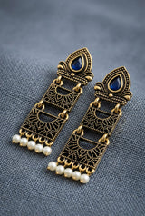 Sona Novelty Antique Gold-Tone Traditional Drop Earrings with Pearl Bead Drops, Rectangular Pattern Panels - Navy blue