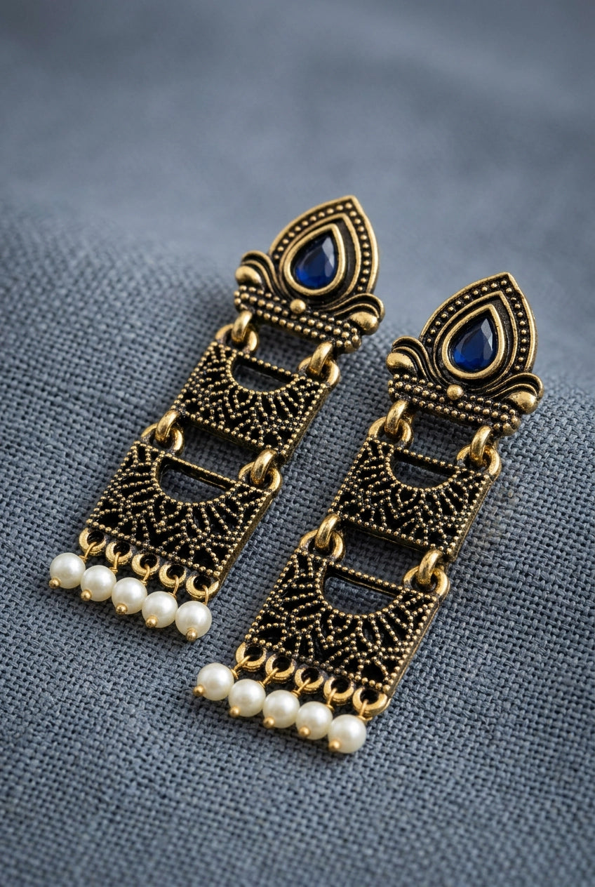 Sona Novelty Antique Gold-Tone Traditional Drop Earrings with Pearl Bead Drops, Rectangular Pattern Panels - Navy blue