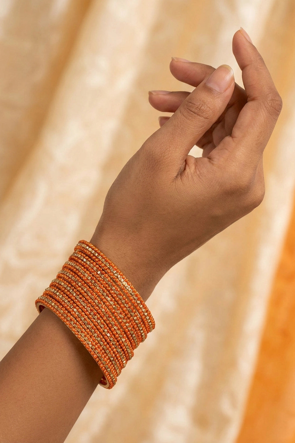 Stone-Studded Metallic Bangle Set with Sparkling Rows for Festive Wear - Neon Orange, Black, Rani Pink - Neon Orange