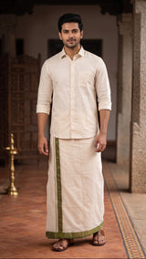 Men Off-White Cotton Dhoti with Woven Check Border and Gold-Tone Zari Lines (2m Single Veshti) - Olive Green