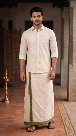 Men Off-White Cotton Dhoti with Woven Check Border and Gold-Tone Zari Lines (2m Single Veshti)