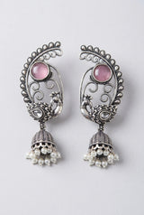 Antique Oxidized Silver Peacock Jhumka Drop Earrings with Pearl Beads (Navy Blue, Purple, Mint Green) - Onion pink