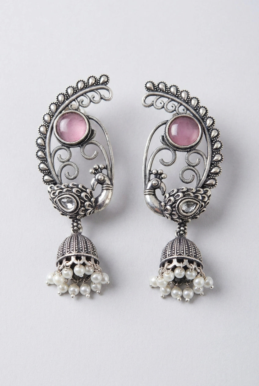 Antique Oxidized Silver Peacock Jhumka Drop Earrings with Pearl Beads (Navy Blue, Purple, Mint Green) - Onion pink