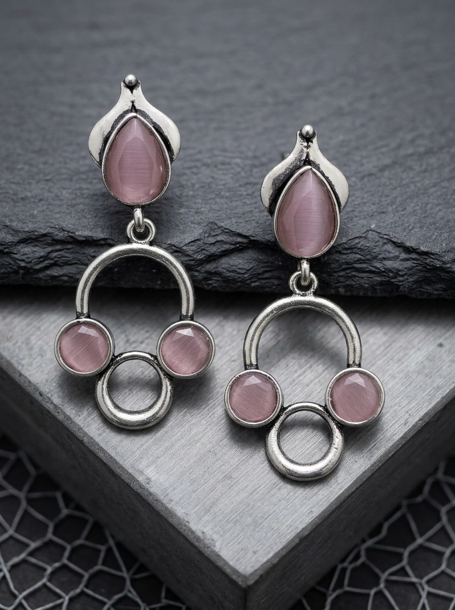 Silver-Tone Stone Drop Earrings with Circular Cluster Design for Women - Onion pink