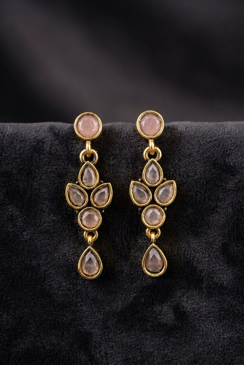 Sona Novelty Gold-Tone Drop Earrings with Multi Stone Teardrop Dangles for Traditional & Festive Wear - Onion pink