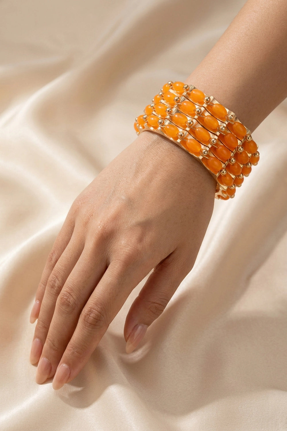 Traditional Gold-Plated Beaded Bangles Set with Stone Work for Festive Wear (Orange/Peach/Black) - Orange