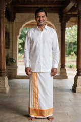 Men White Cotton Dhoti with 2-inch Gold Thread Work Border, 2 Metre Single Veshti - Orange
