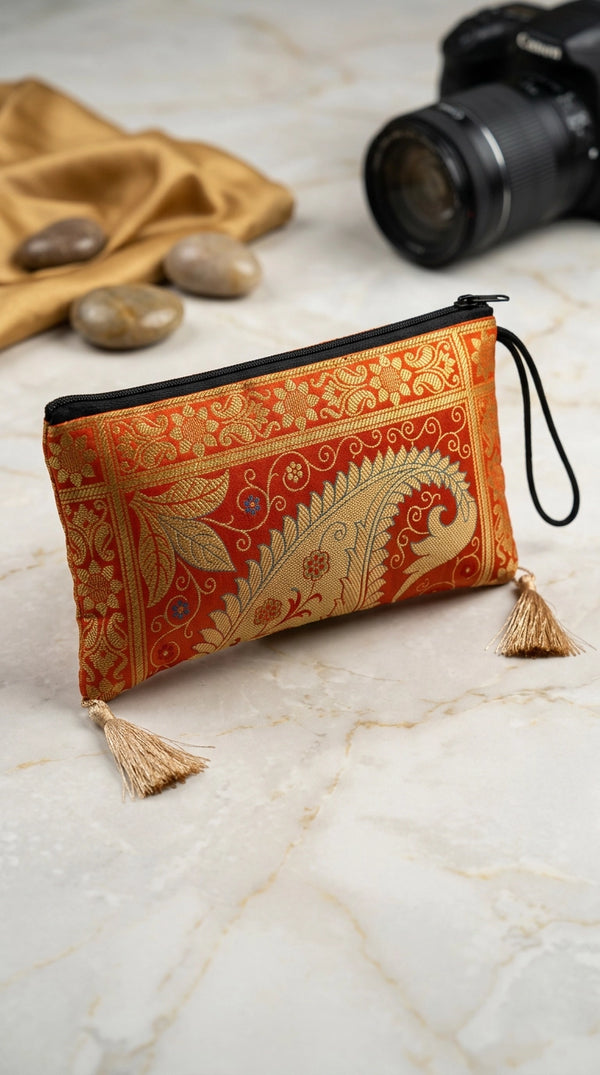 Banarasi Brocade Zip Pouch Clutch with Tassel, Embroidered Nylon Handbag for Festive & Evening Wear - Orange